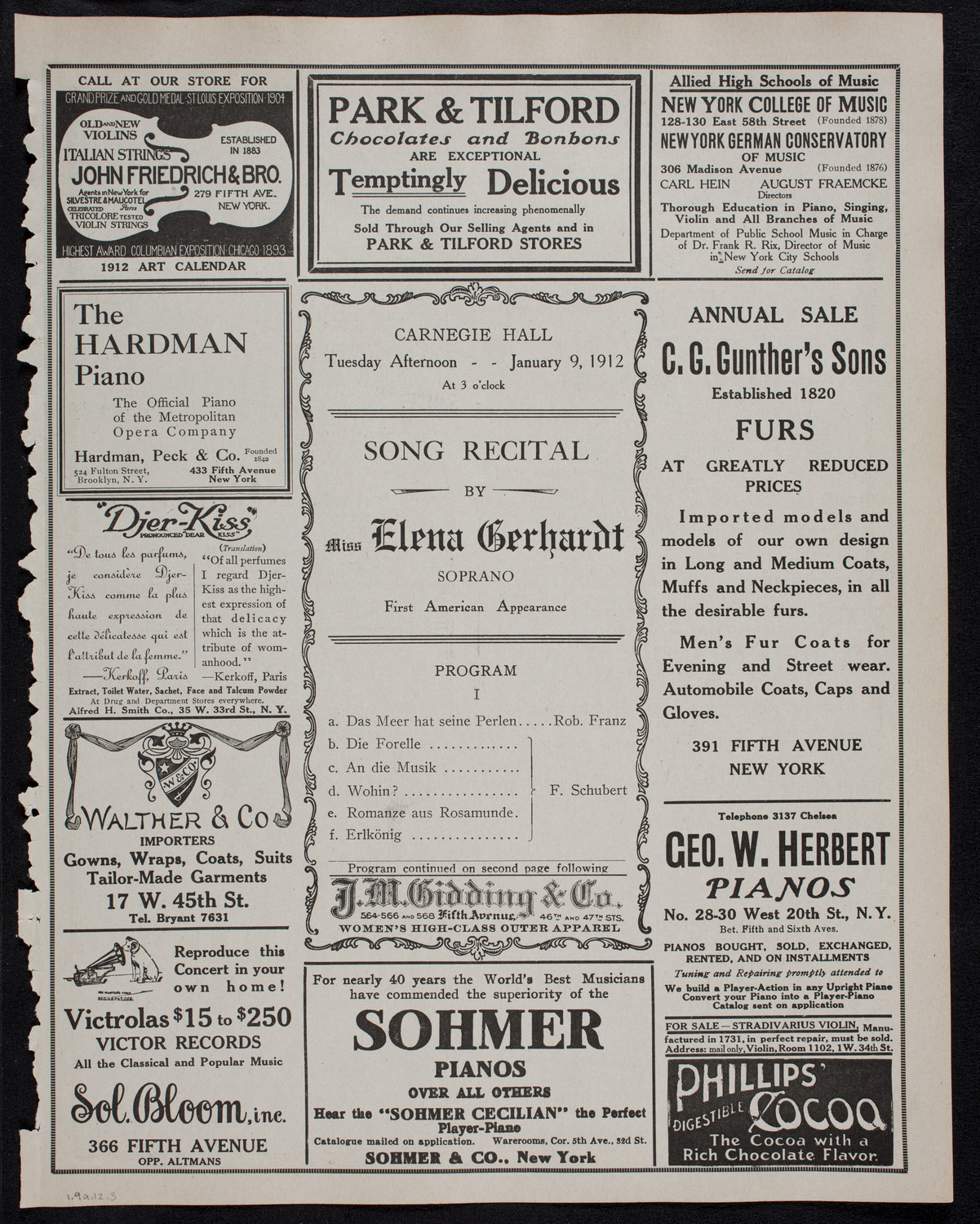 Elena Gerhardt, Soprano, January 9, 1912, program page 5