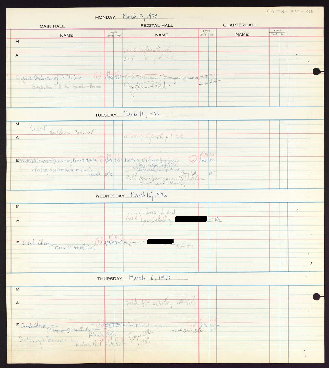 Carnegie Hall Booking Ledger, volume 17, page 58