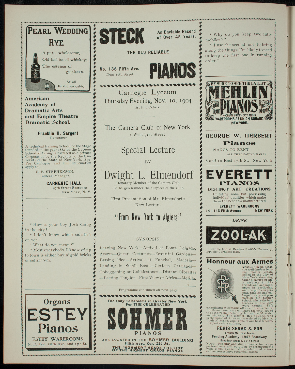Elmendorf Lecture: From New York to Algiers, November 10, 1904, program page 2