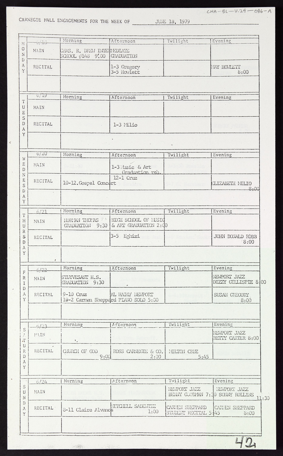 Carnegie Hall Booking Ledger, volume 24, page 86a