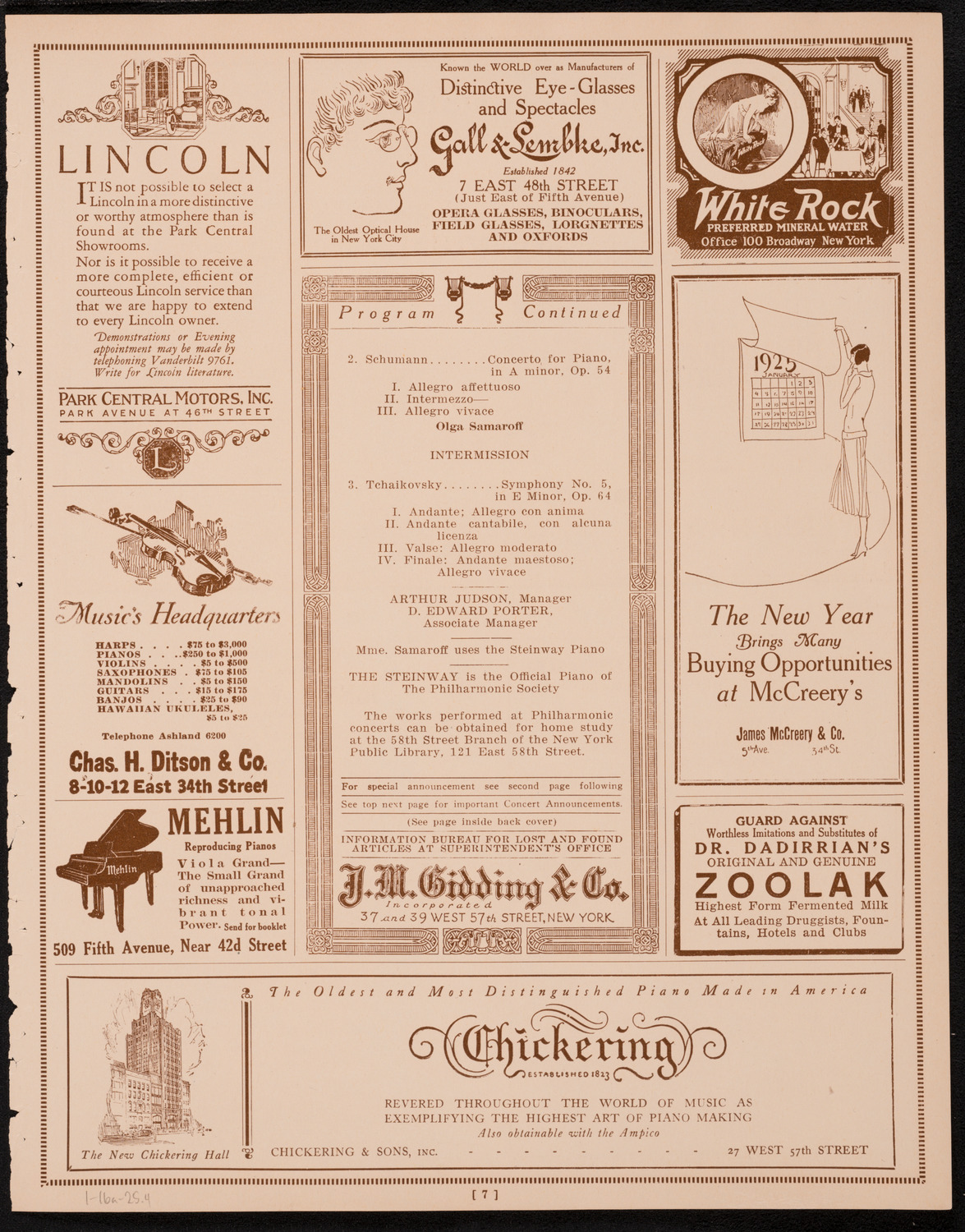 New York Philharmonic, January 16, 1925, program page 7