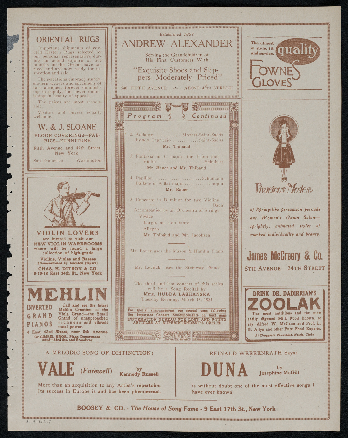 Harold Bauer, Piano, and Jacques Thibaud, Violin, assisted by Mischa Levitzki and Sascha Jacobsen, February 14, 1921, program page 7