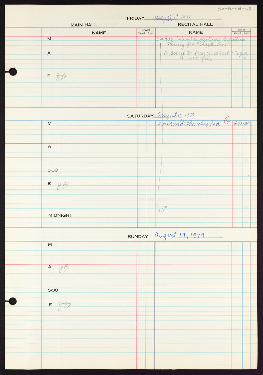 Carnegie Hall Booking Ledger, volume 24, page 103