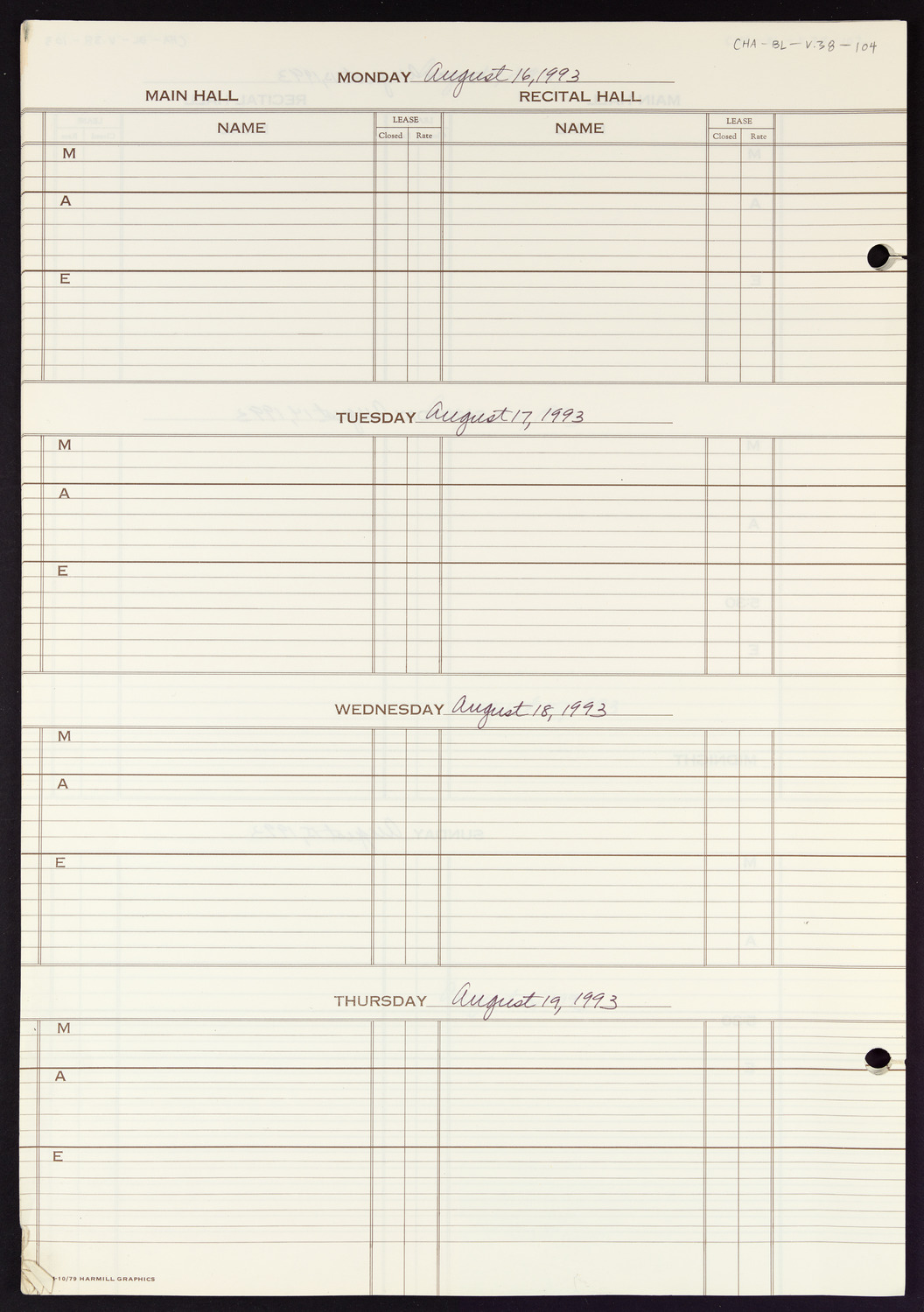 Carnegie Hall Booking Ledger, volume 38, page 104