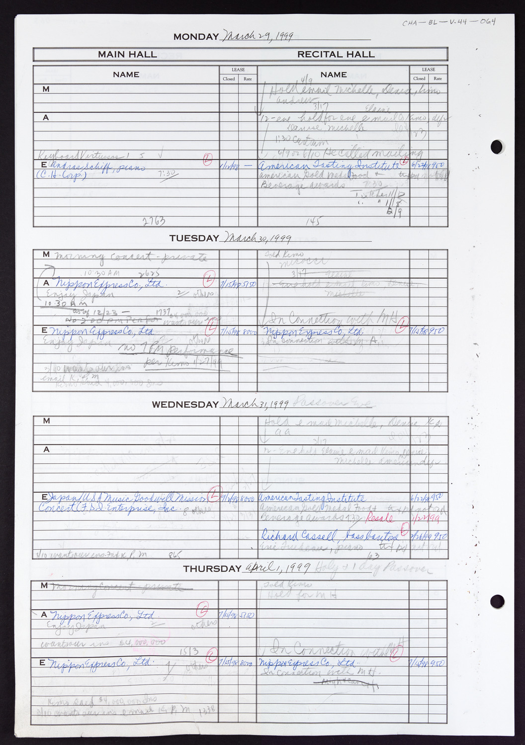 Carnegie Hall Booking Ledger, volume 44, page 64