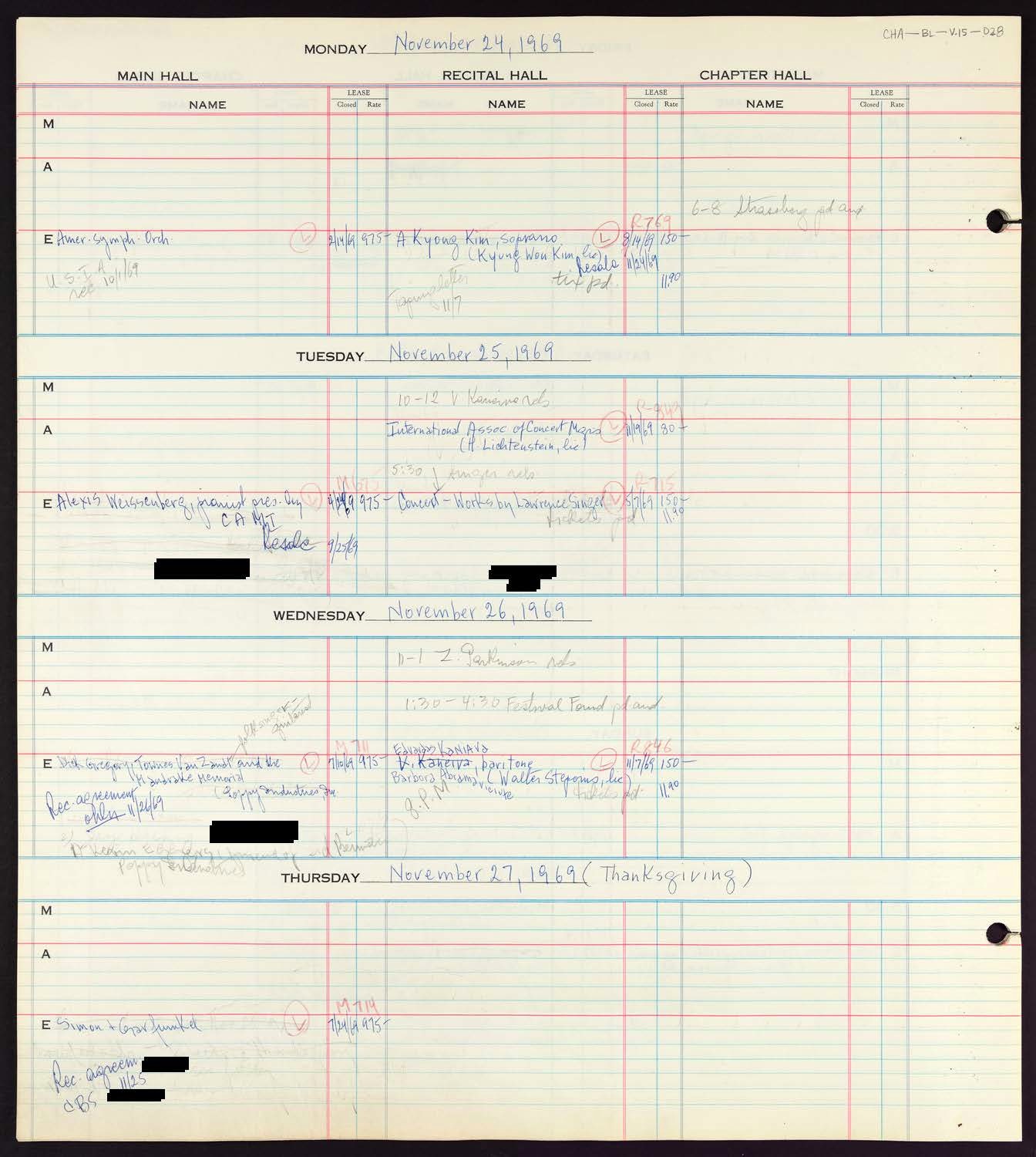 Carnegie Hall Booking Ledger, volume 15, page 28