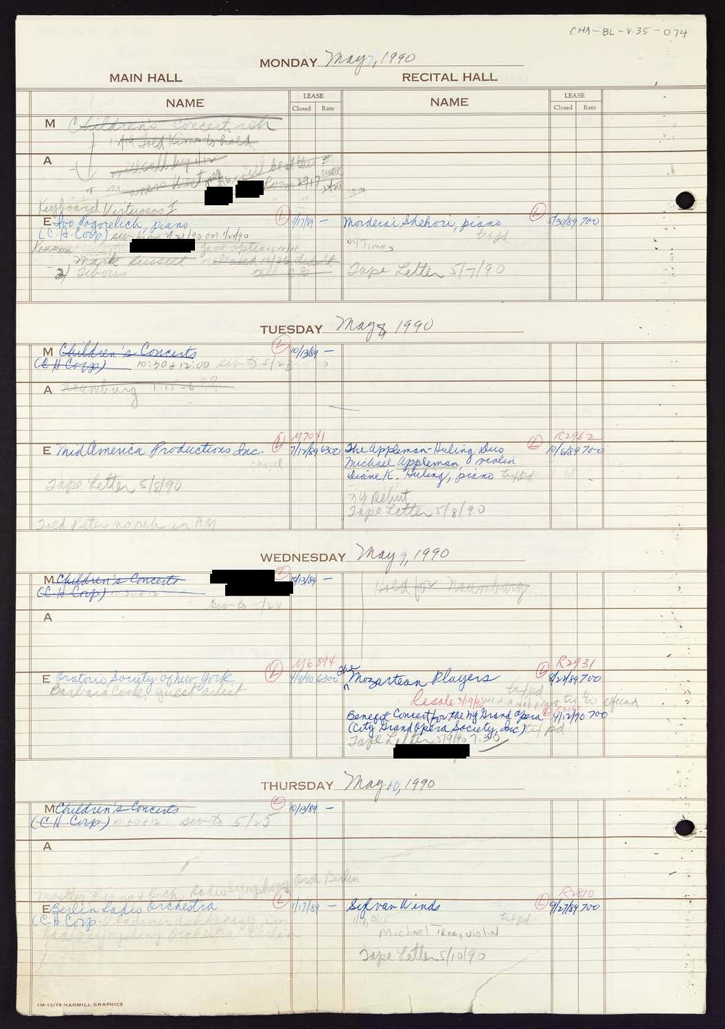 Carnegie Hall Booking Ledger, volume 35, page 74