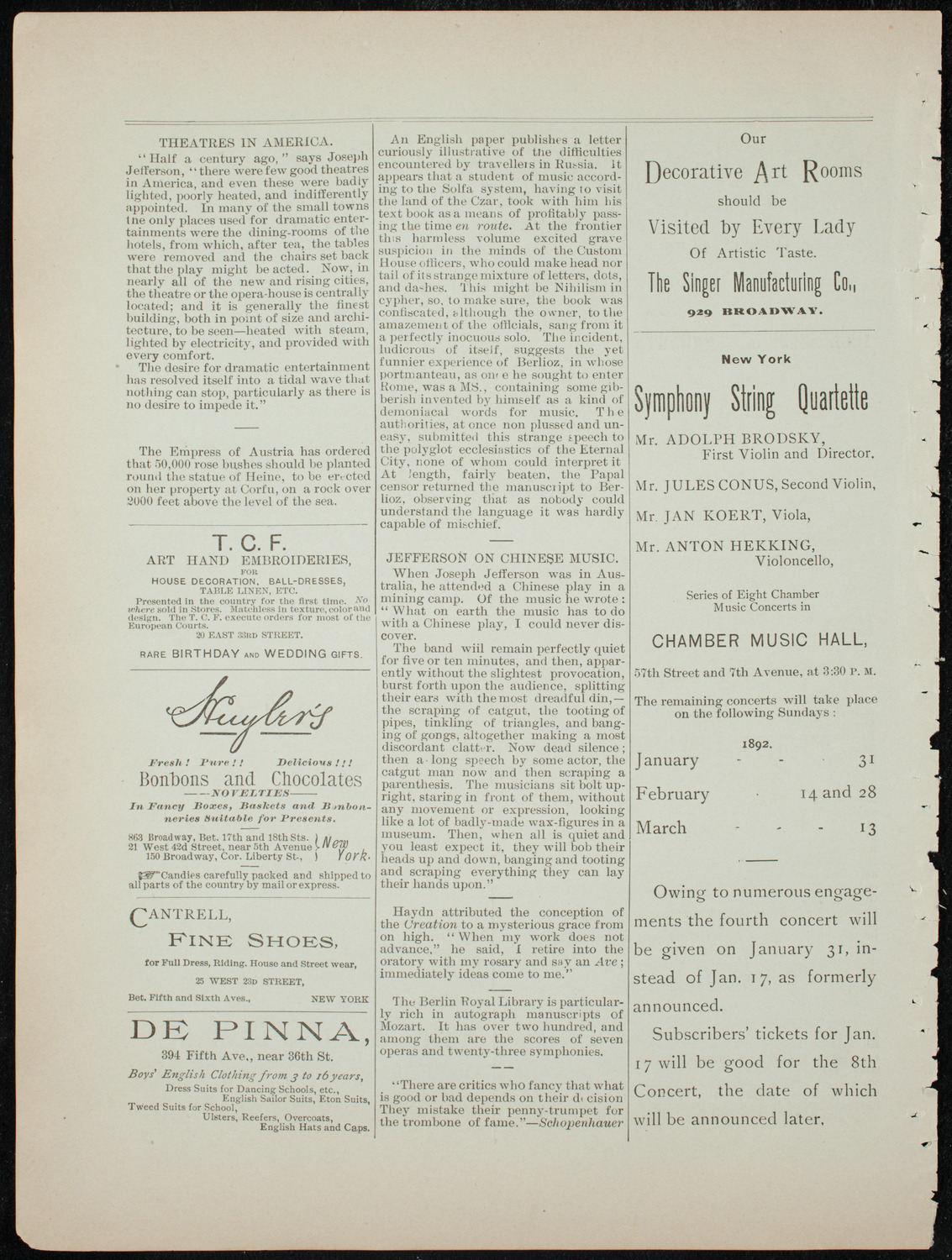 Beethoven String Quartet, January 14, 1892, program page 4