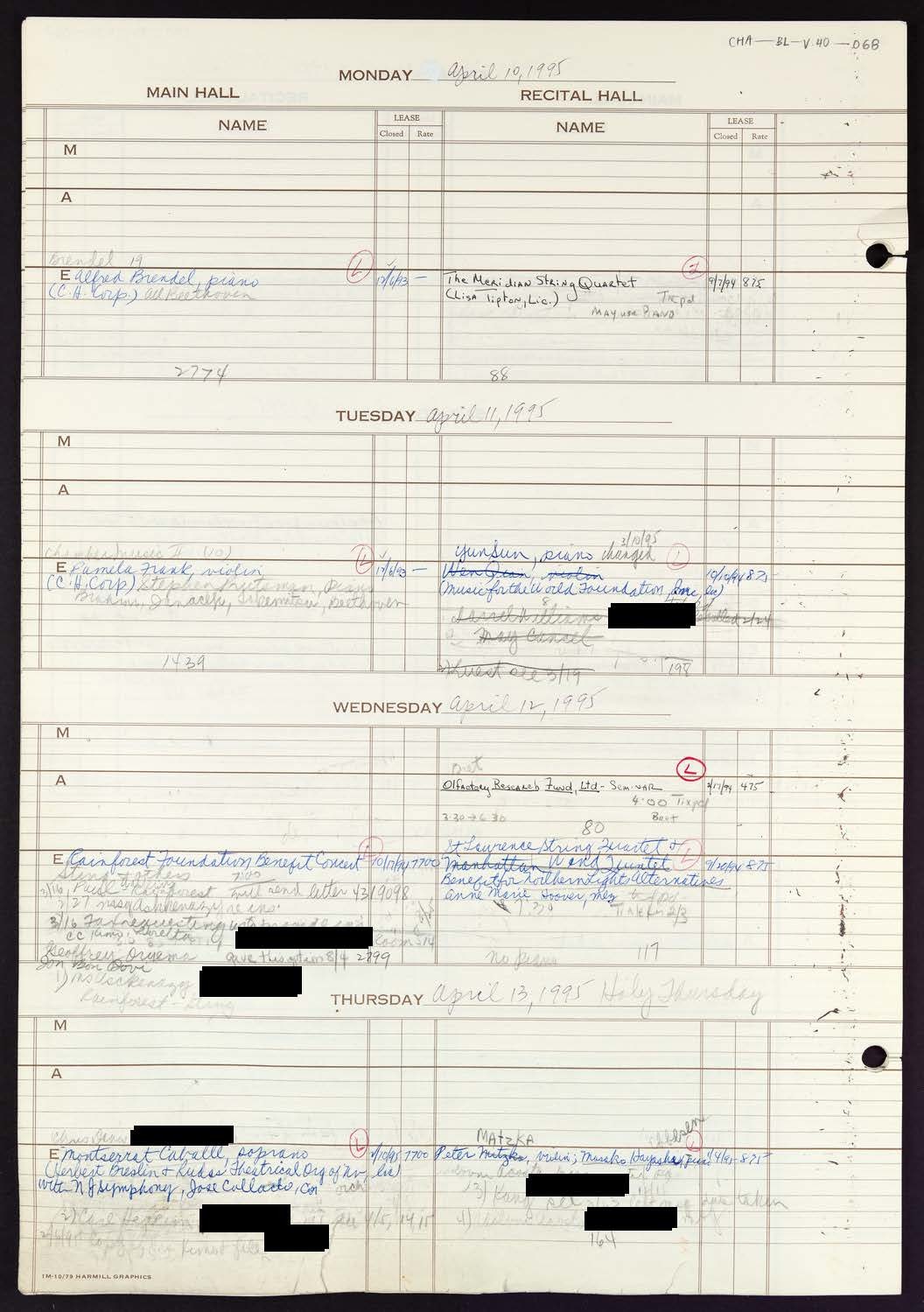 Carnegie Hall Booking Ledger, volume 40, page 68