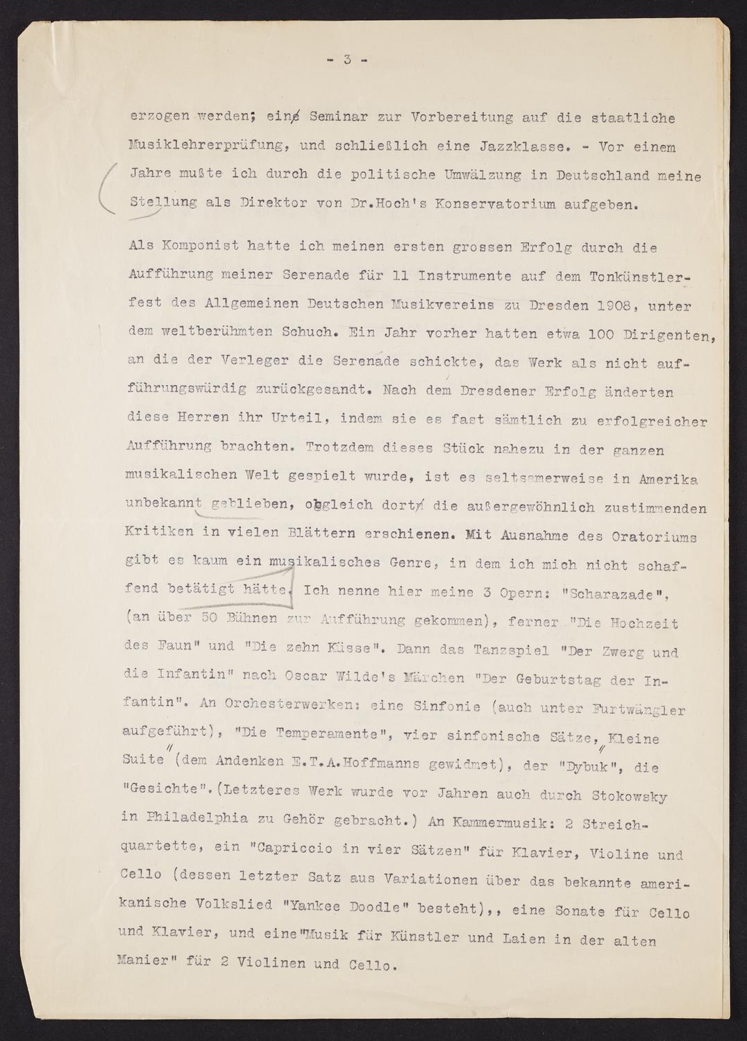 Correspondence from Bernhard Sekles to David Ewen, page 3 of 4