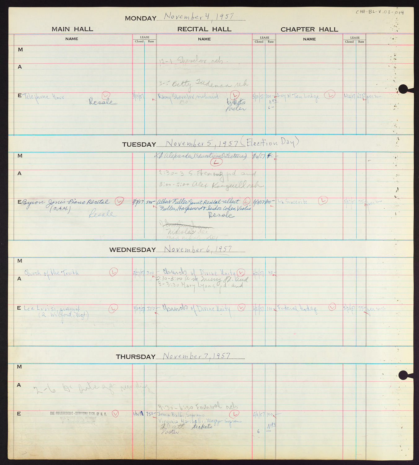 Carnegie Hall Booking Ledger, volume 3, page 14