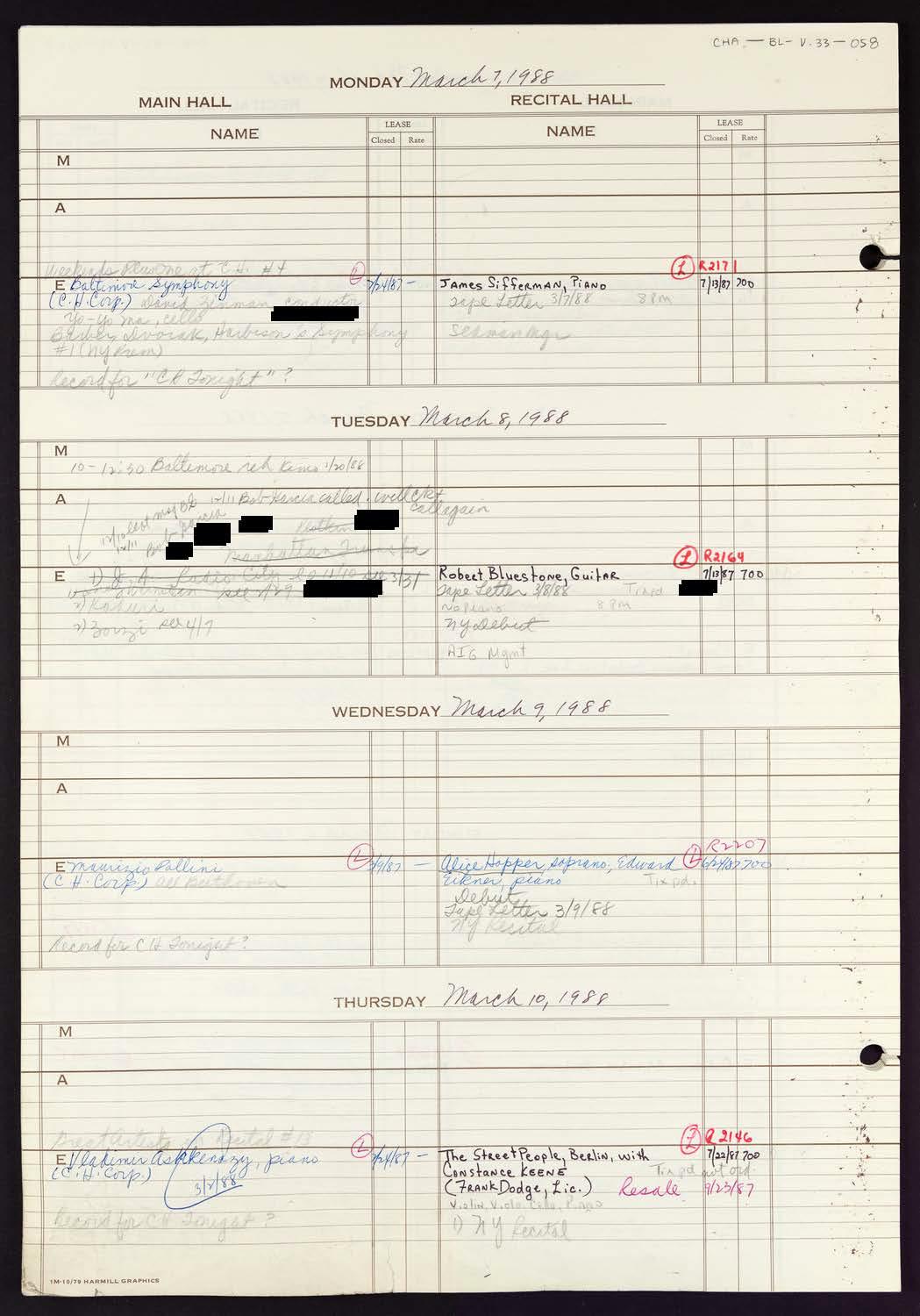 Carnegie Hall Booking Ledger, volume 33, page 58