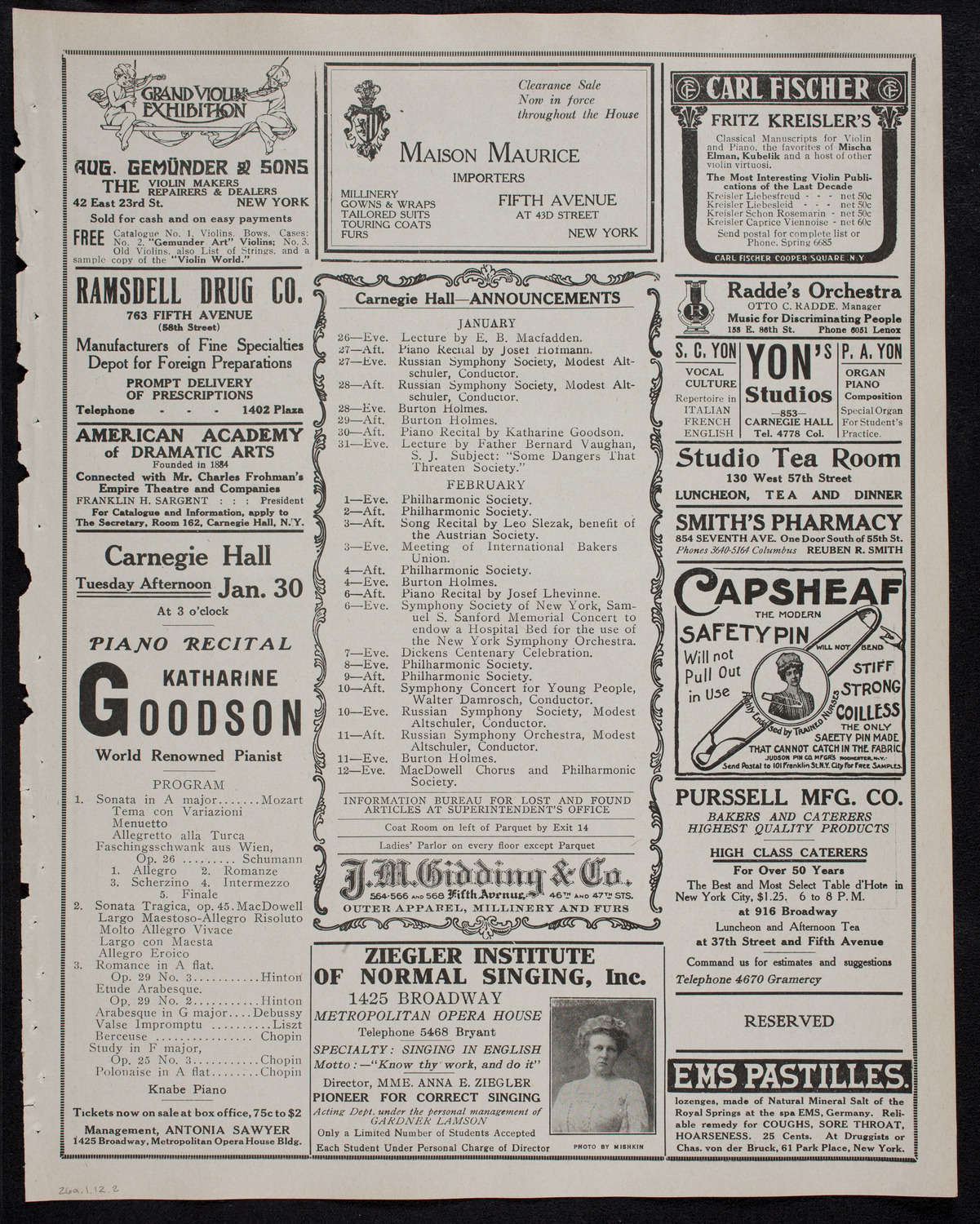 New York Philharmonic, January 26, 1912, program page 3