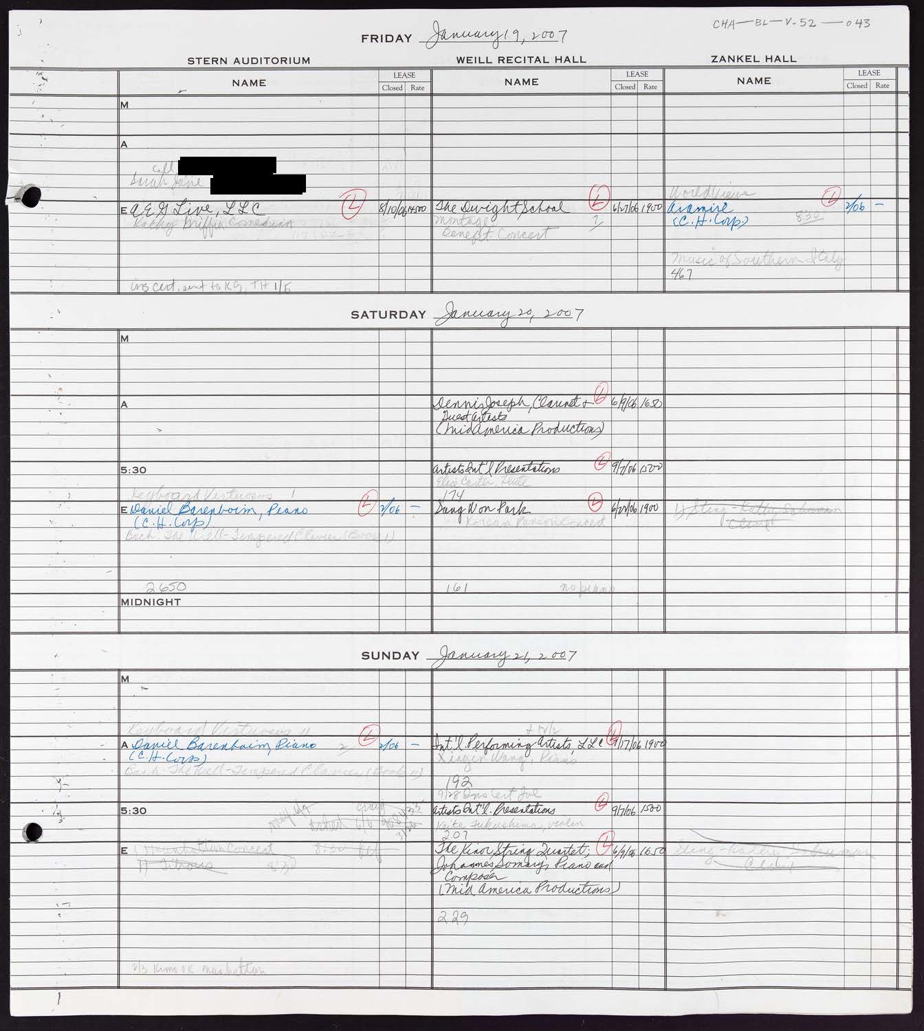 Carnegie Hall Booking Ledger, volume 52, page 43