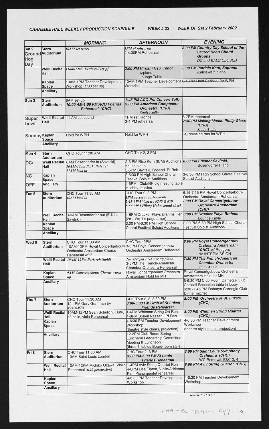 Carnegie Hall Booking Ledger, volume 47, page 47a