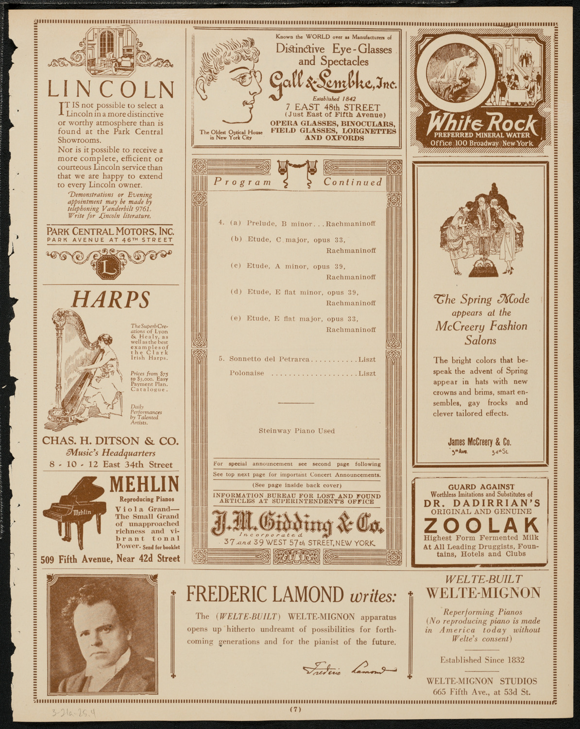 Sergei Rachmaninoff, Piano, March 21, 1925, program page 7