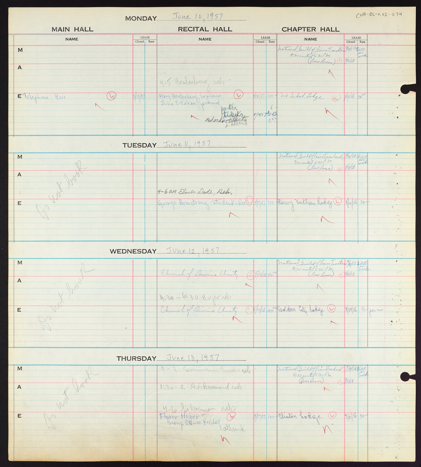 Carnegie Hall Booking Ledger, volume 2, page 74