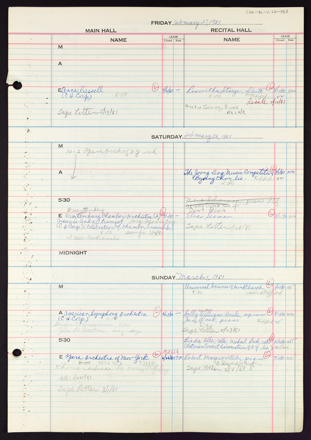 Carnegie Hall Booking Ledger, volume 26, page 53