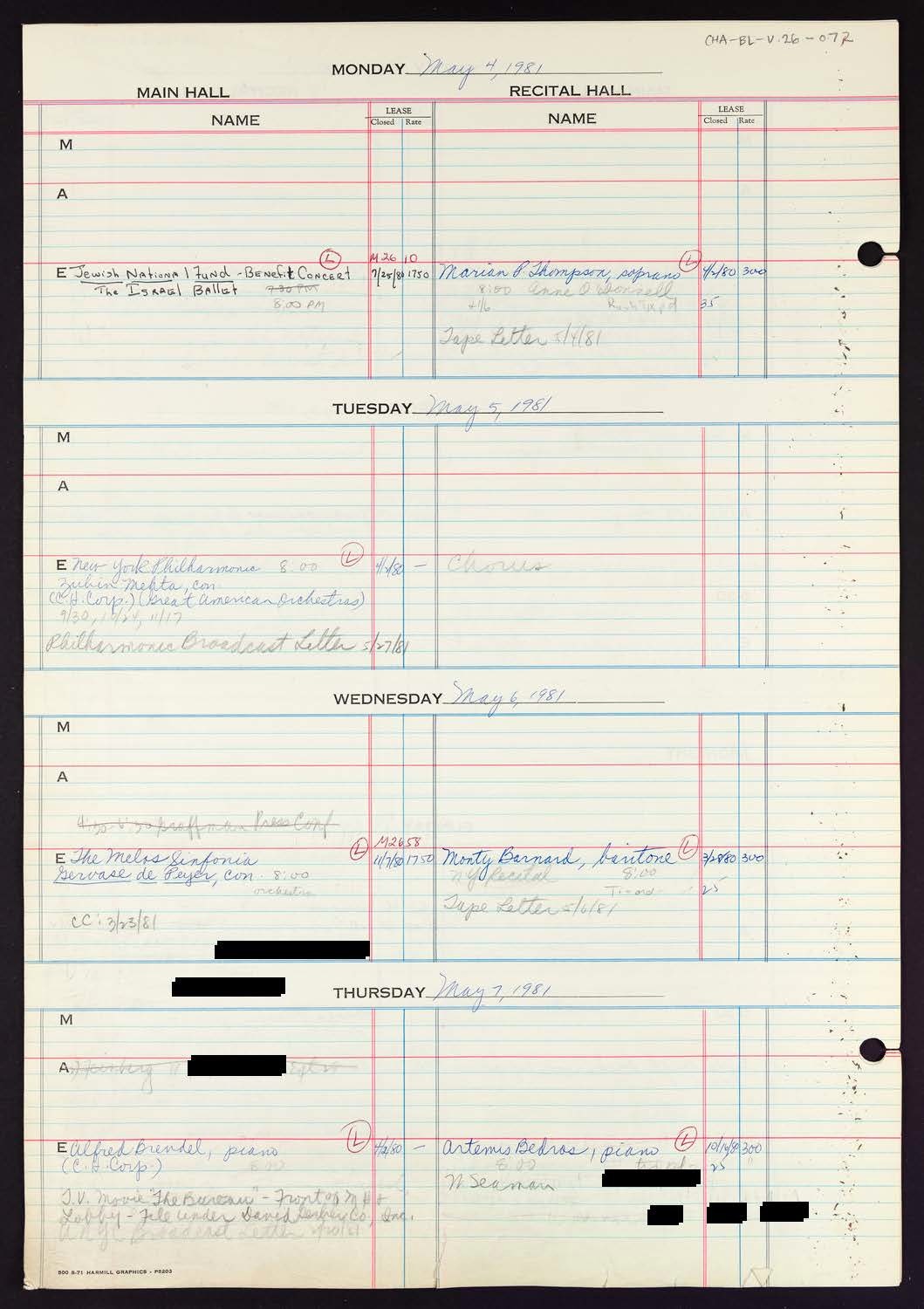 Carnegie Hall Booking Ledger, volume 26, page 72