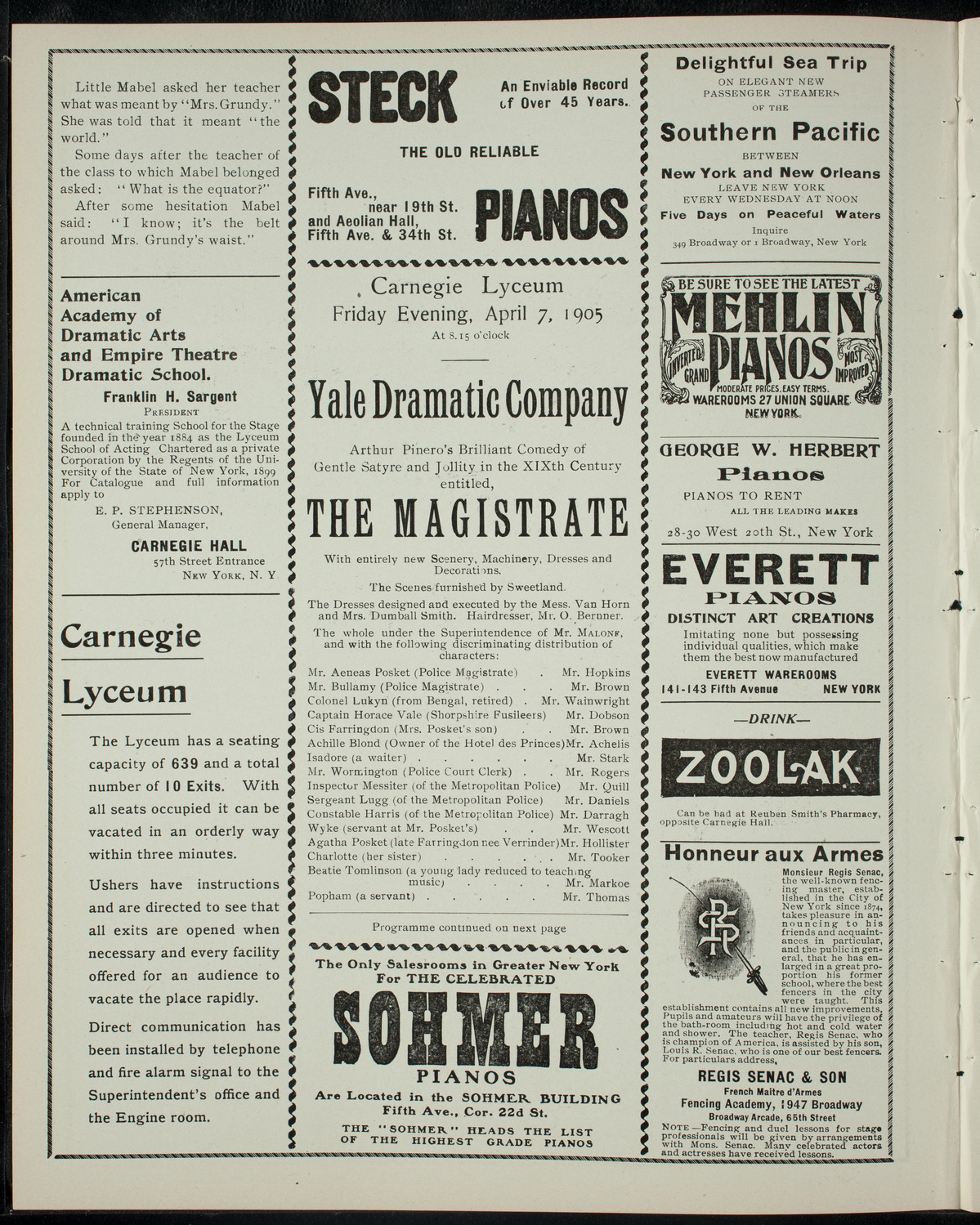 Yale Dramatic Company, April 7, 1905, program page 2