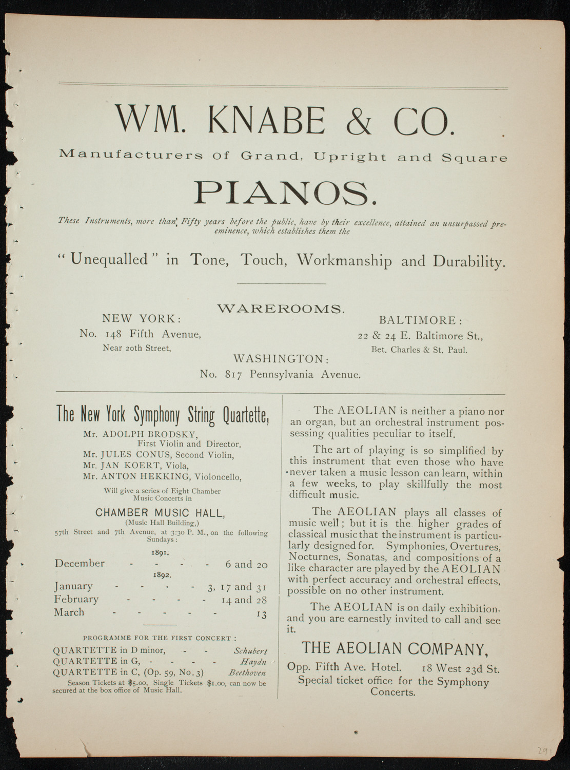 New York Symphony String Quartet, December 6, 1891, program page 3