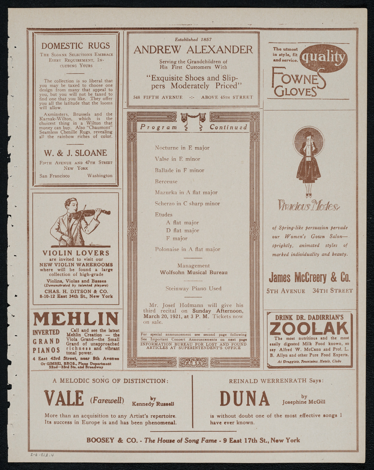 Josef Hofmann, Piano, February 6, 1921, program page 7