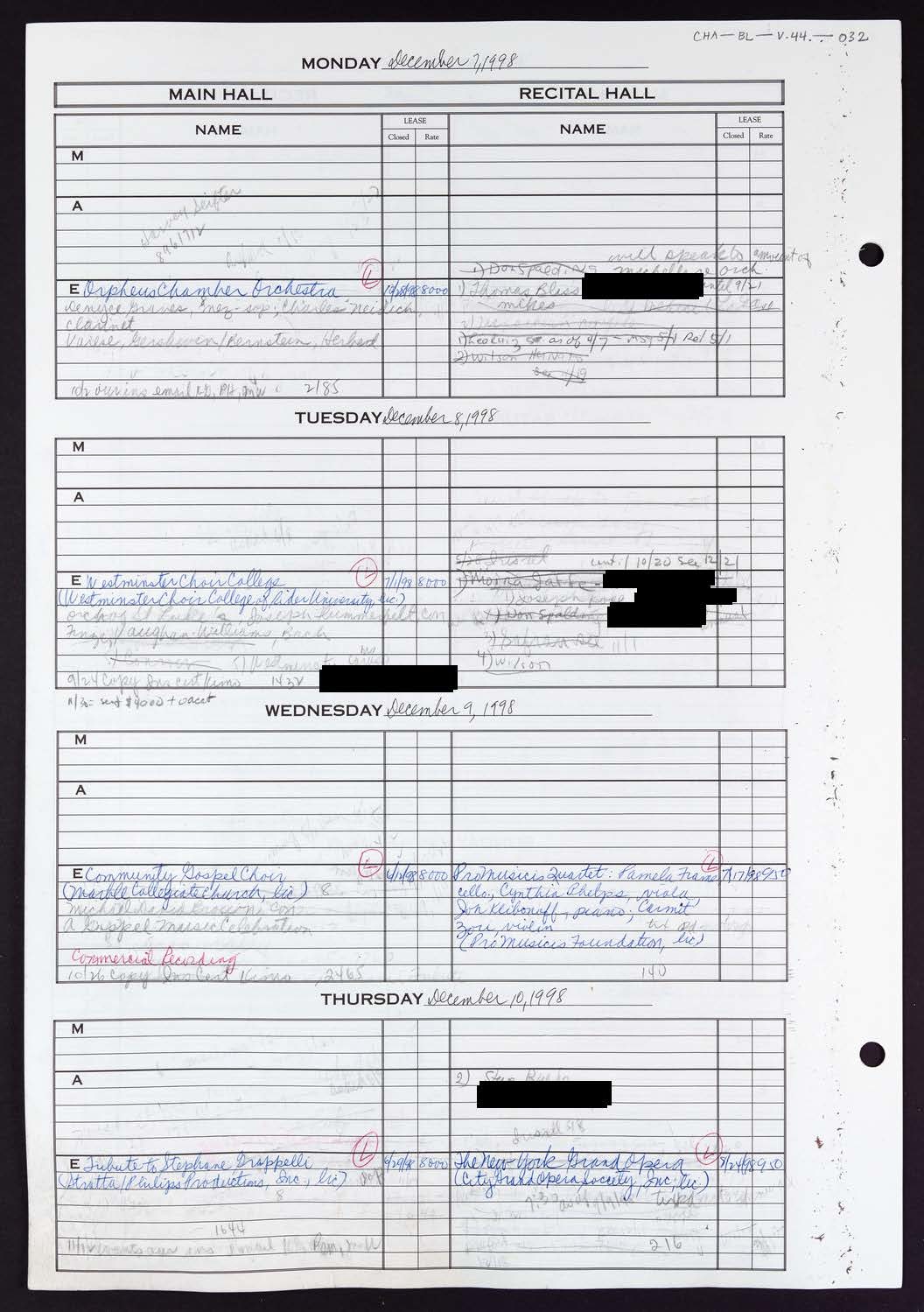 Carnegie Hall Booking Ledger, volume 44, page 32