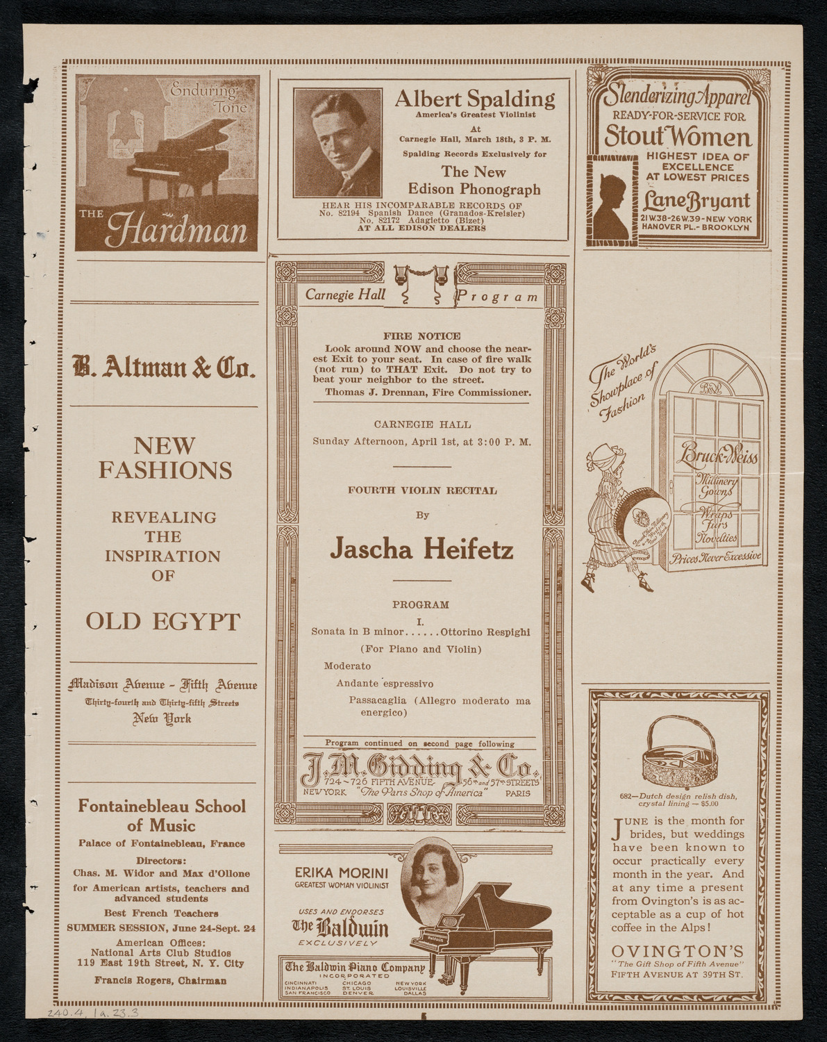 Jascha Heifetz, Violin, April 1, 1923, program page 5