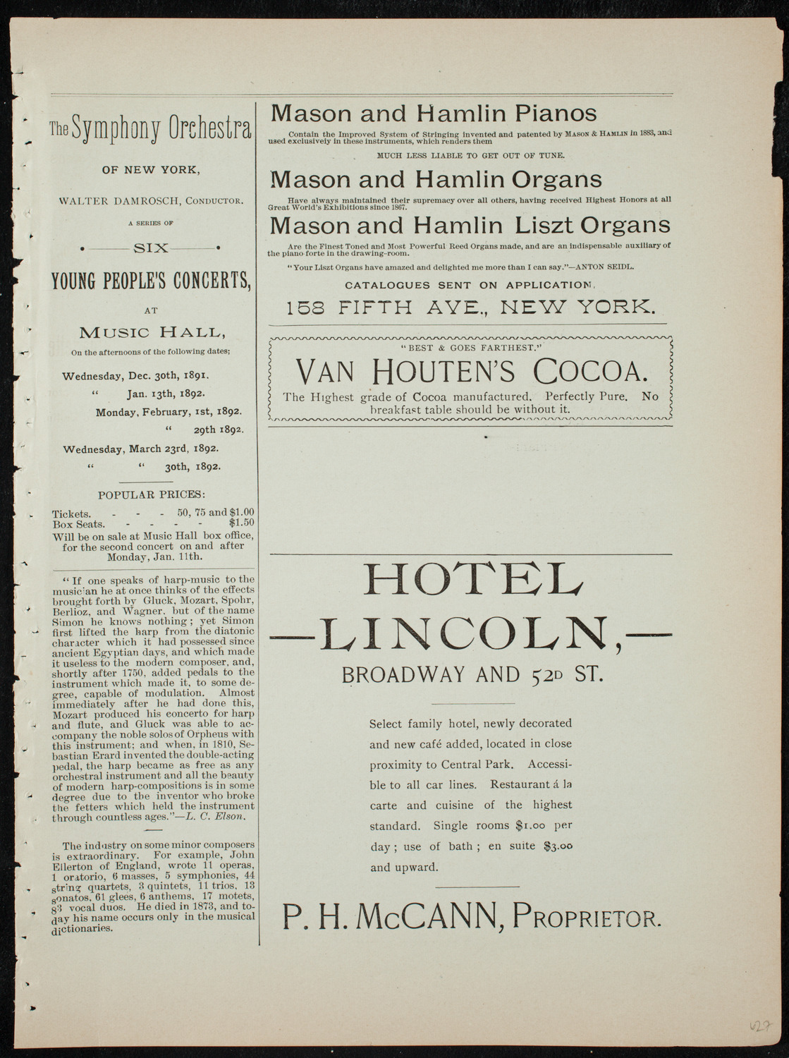 Damrosch Sunday Concert, January 17, 1892, program page 5