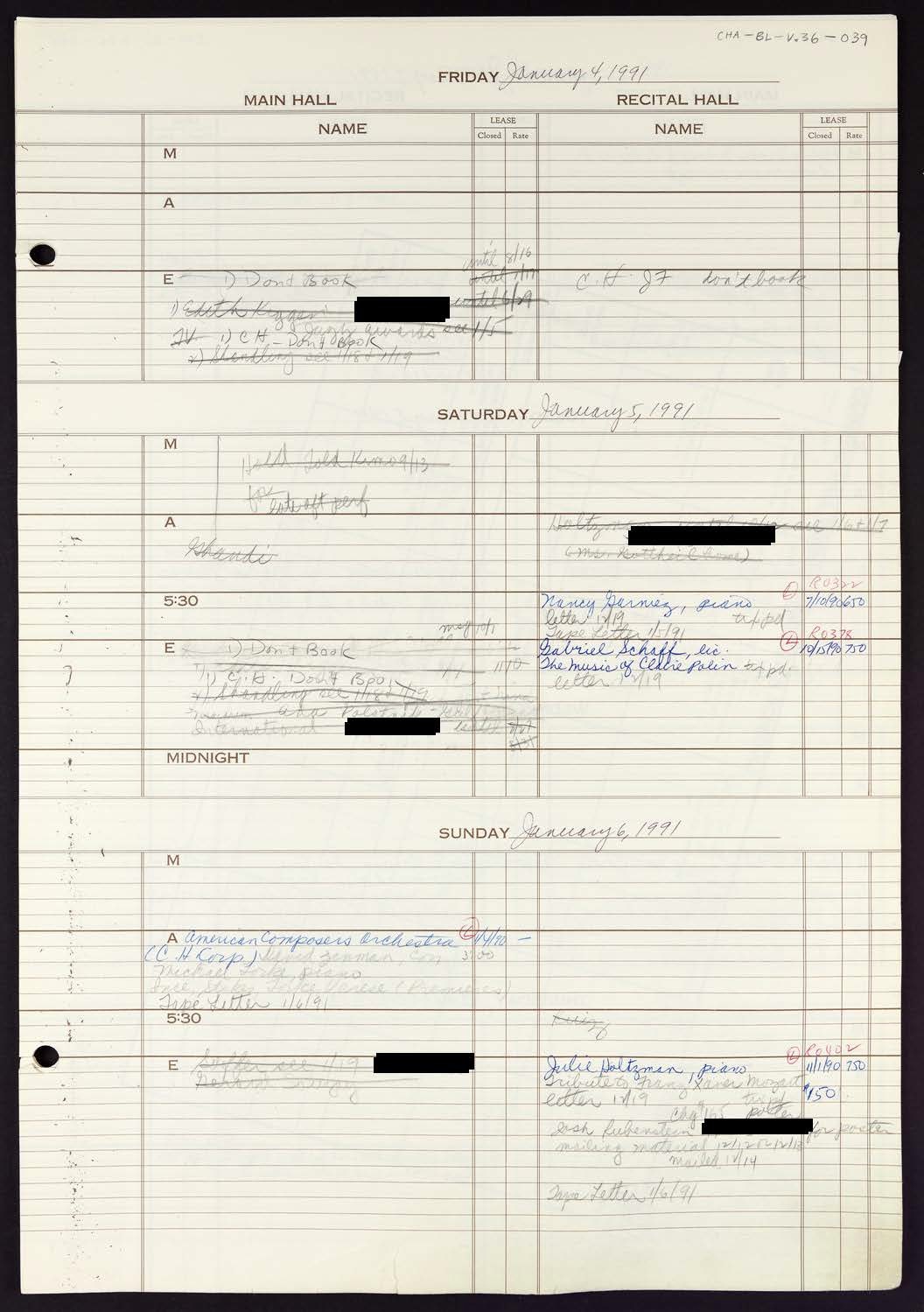 Carnegie Hall Booking Ledger, volume 36, page 39