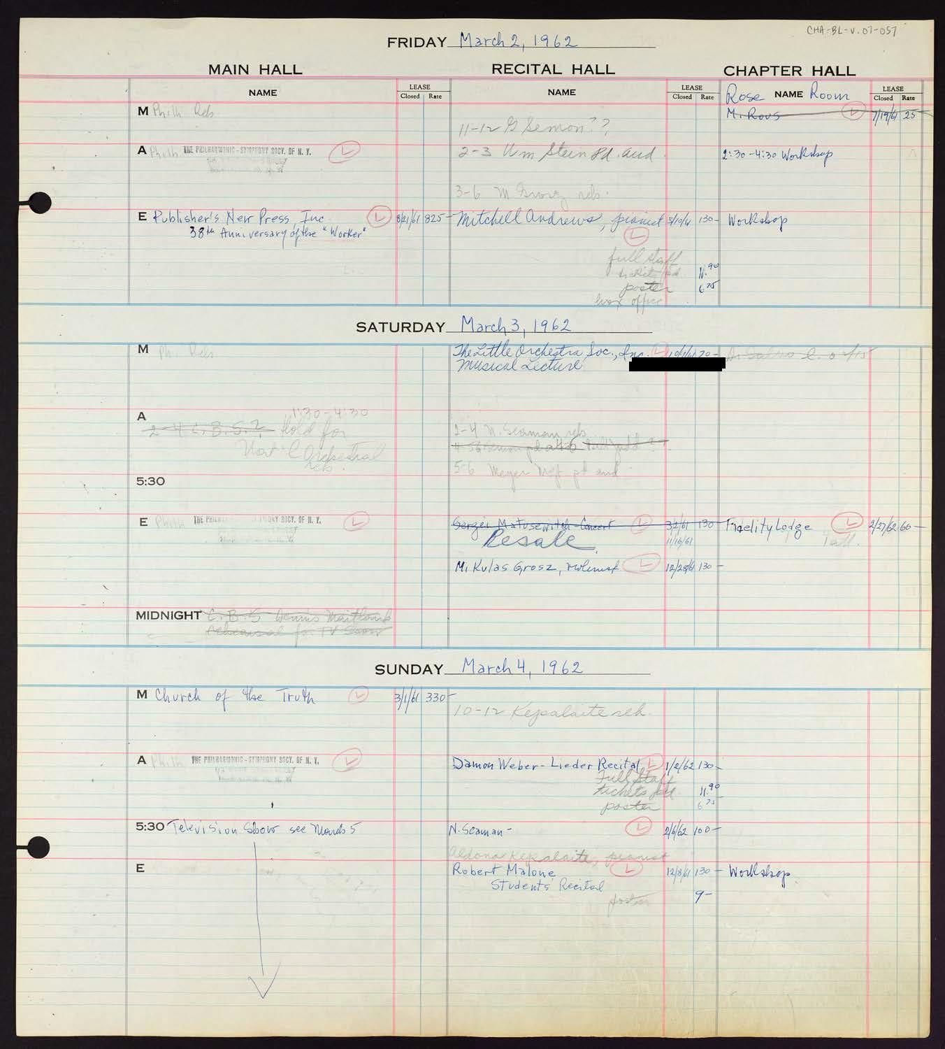 Carnegie Hall Booking Ledger, volume 7, page 57