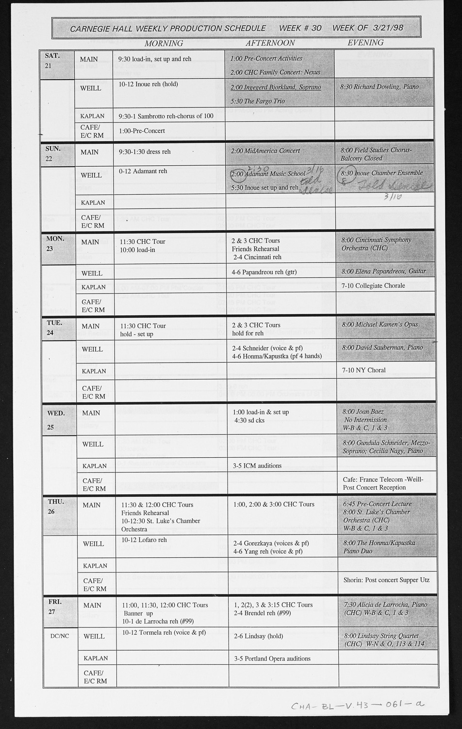 Carnegie Hall Booking Ledger, volume 43, page 61a