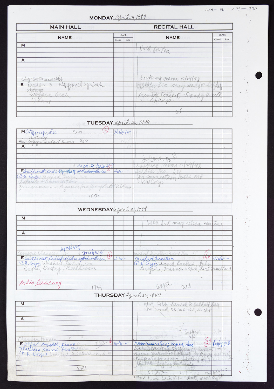 Carnegie Hall Booking Ledger, volume 44, page 70