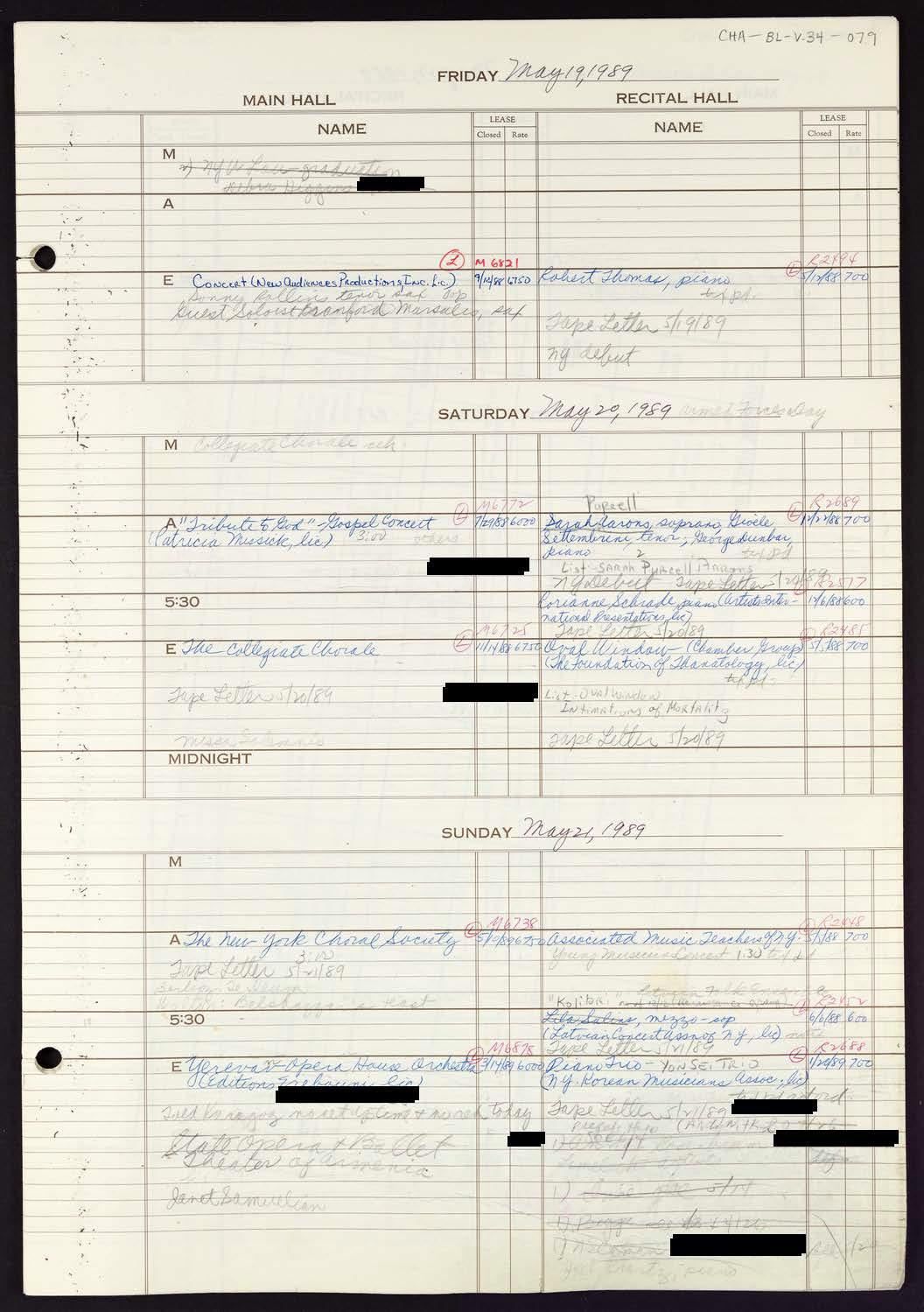 Carnegie Hall Booking Ledger, volume 34, page 79