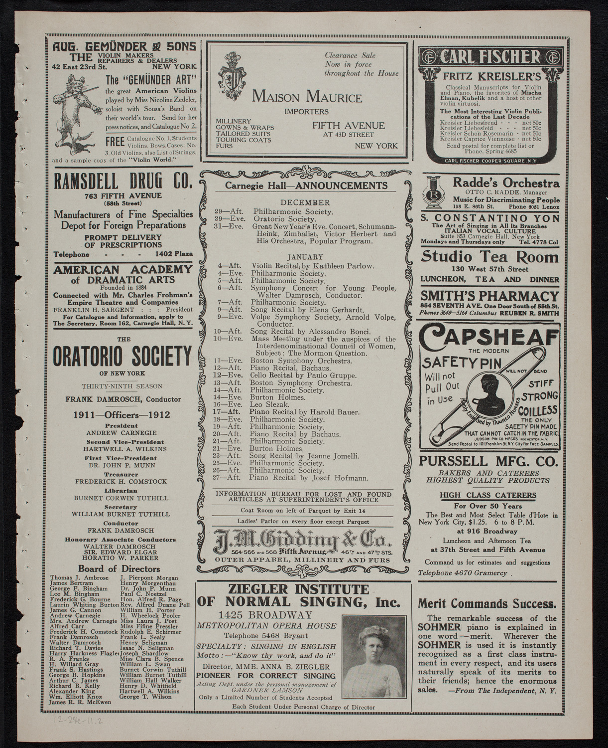 New York Philharmonic, December 28, 1911, program page 3