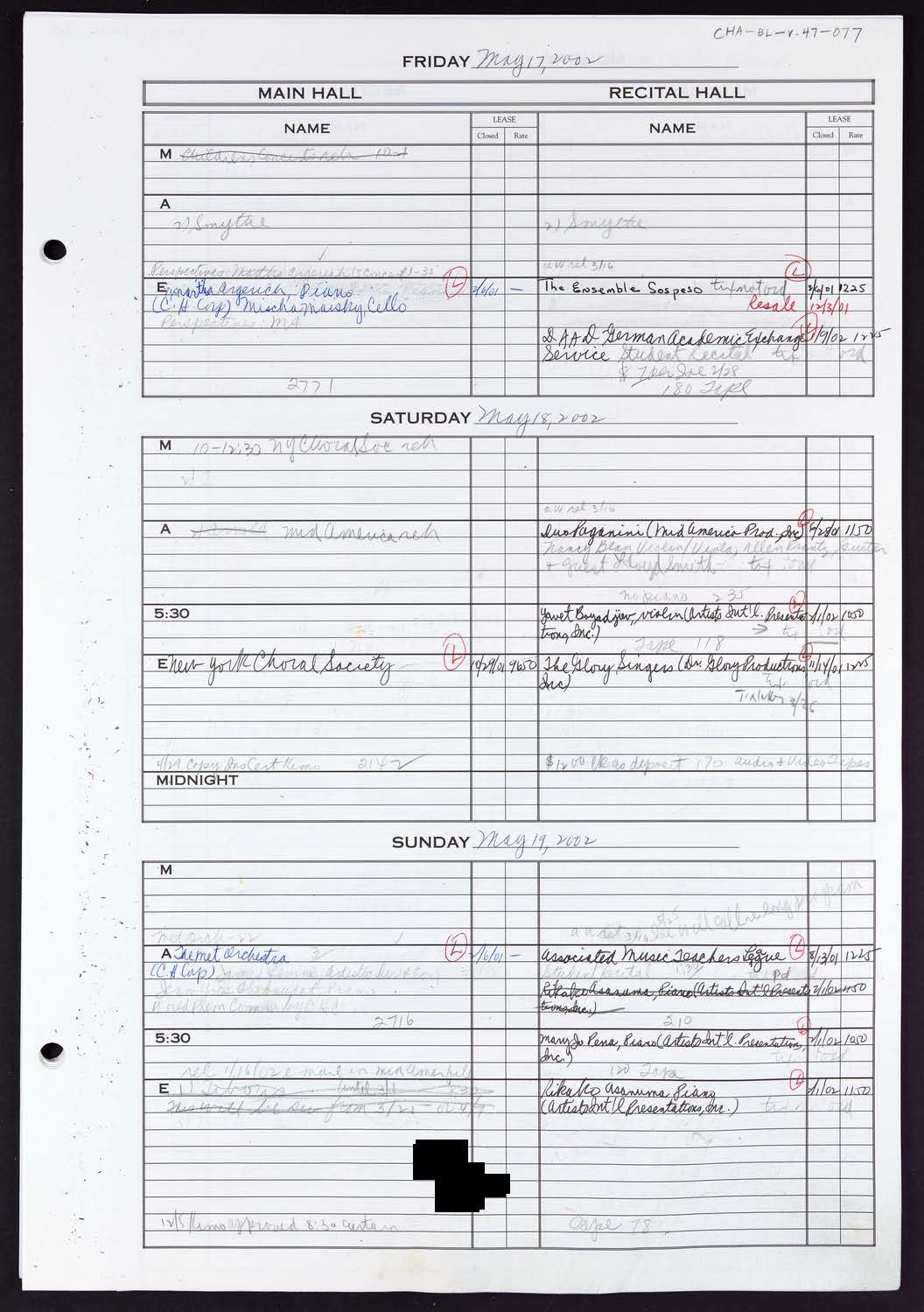 Carnegie Hall Booking Ledger, volume 47, page 77