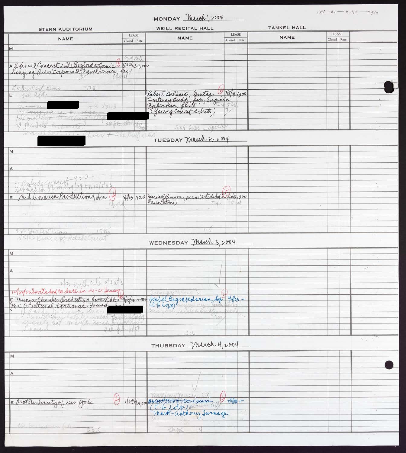 Carnegie Hall Booking Ledger, volume 49, page 56