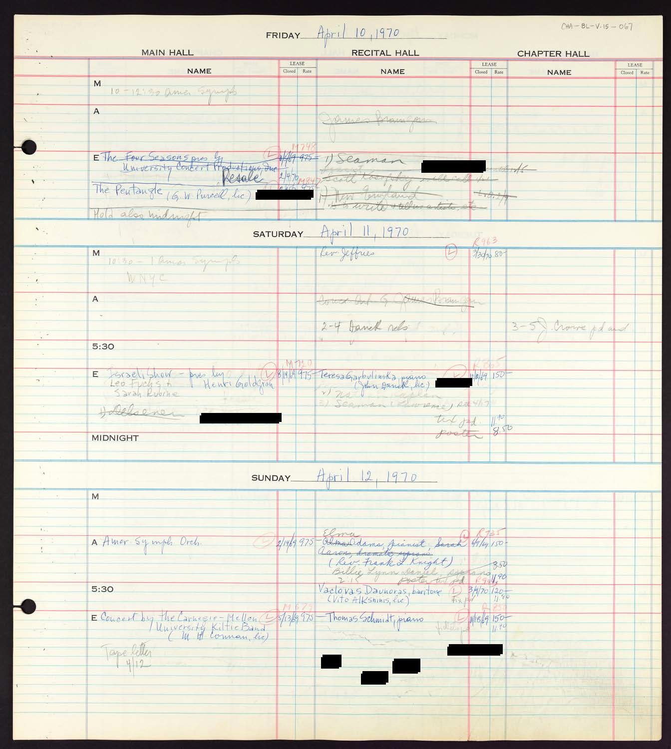 Carnegie Hall Booking Ledger, volume 15, page 67