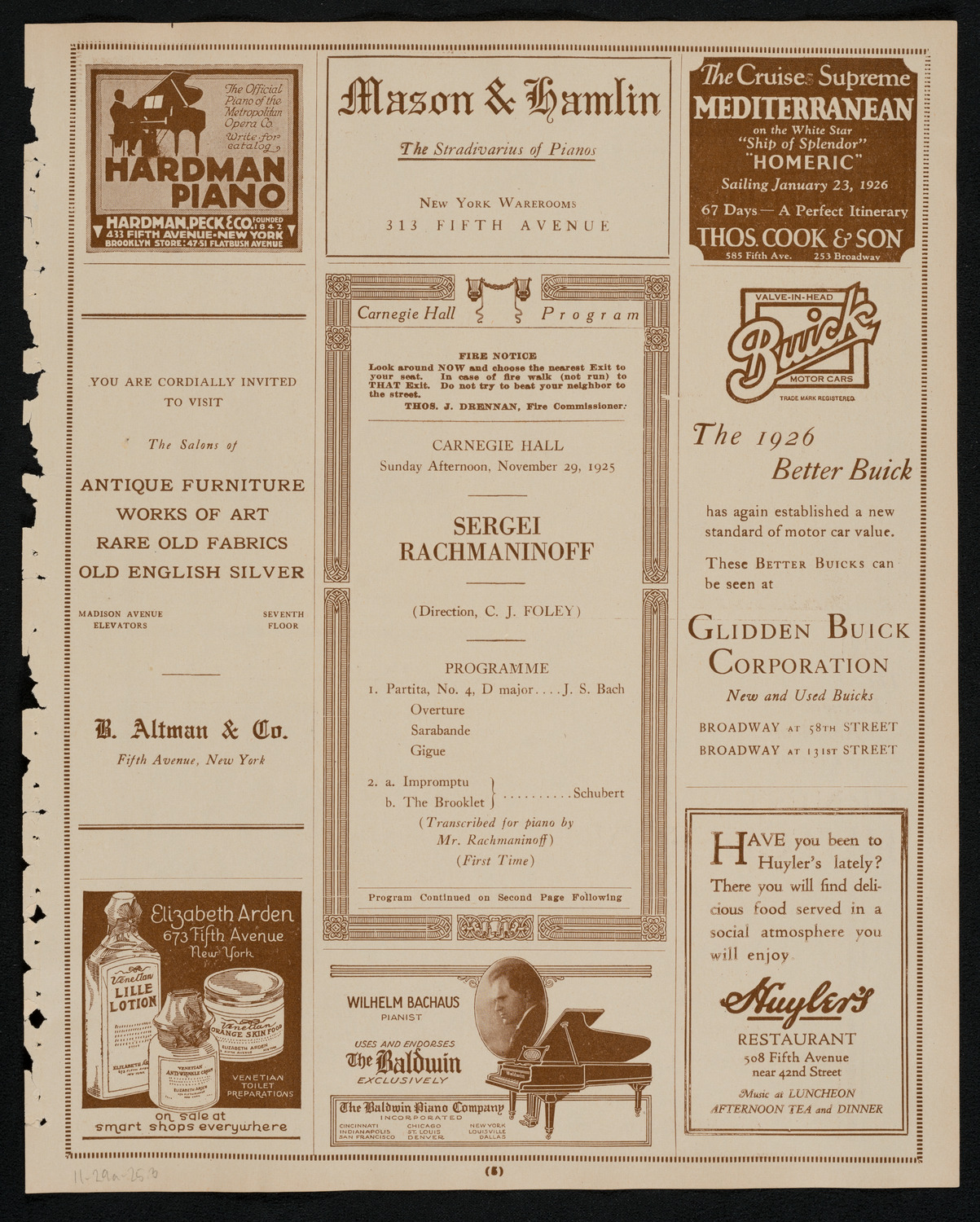 Sergei Rachmaninoff, Piano, November 29, 1925, program page 5