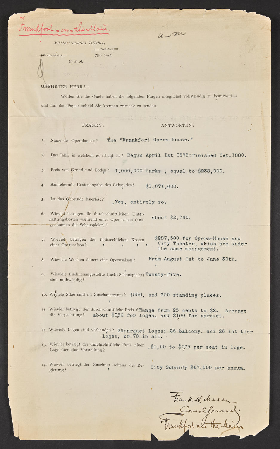 Questionnaire to Frankfort Opera-House, June 6, 1893