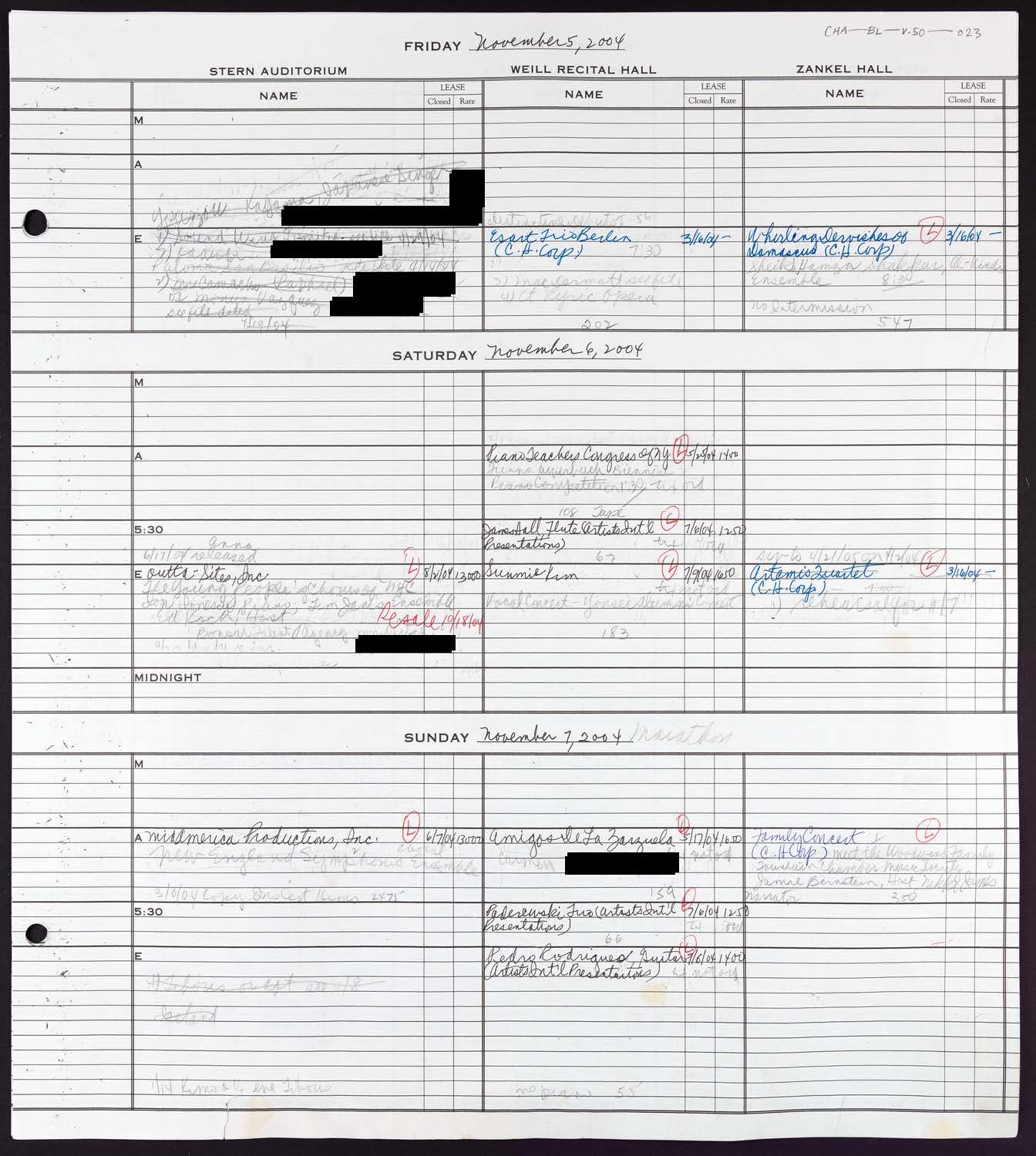 Carnegie Hall Booking Ledger, volume 50, page 23