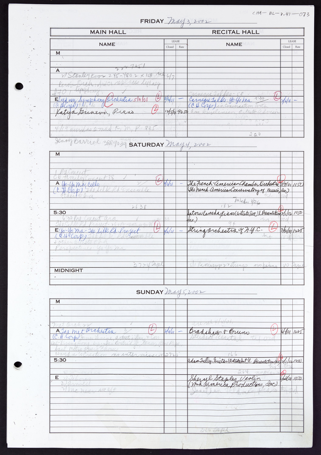 Carnegie Hall Booking Ledger, volume 47, page 73