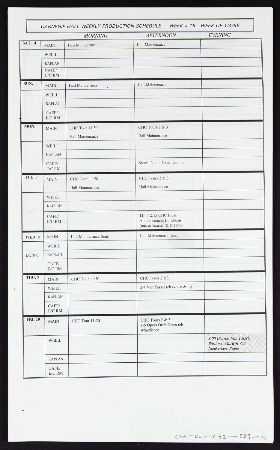 Carnegie Hall Booking Ledger, volume 42, page 39a