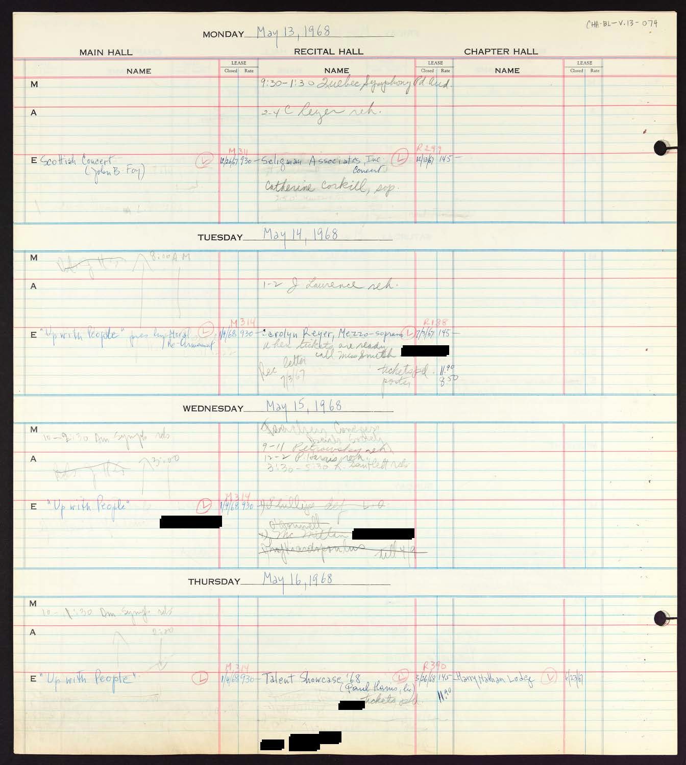 Carnegie Hall Booking Ledger, volume 13, page 74