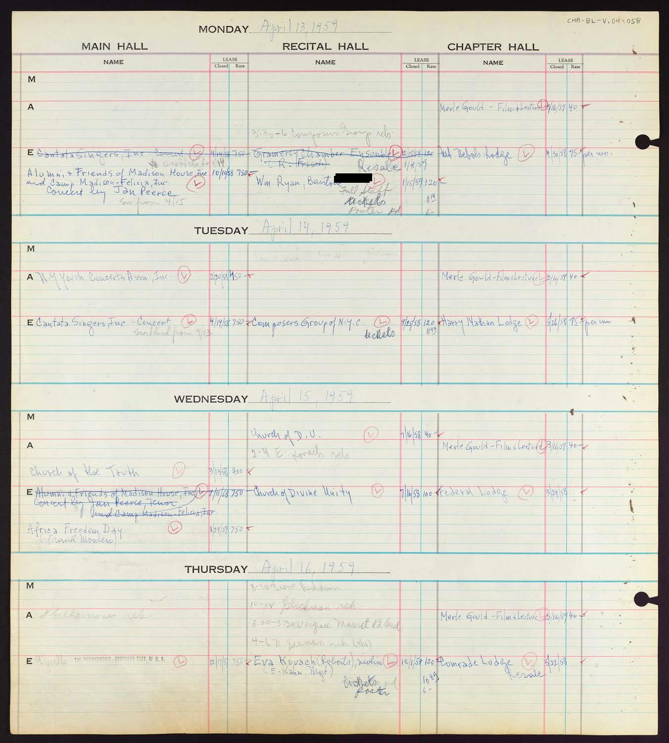 Carnegie Hall Booking Ledger, volume 4, page 58