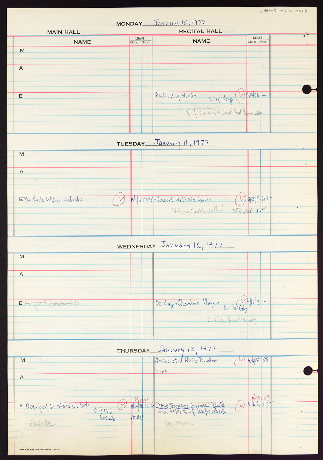 Carnegie Hall Booking Ledger, volume 22, page 40