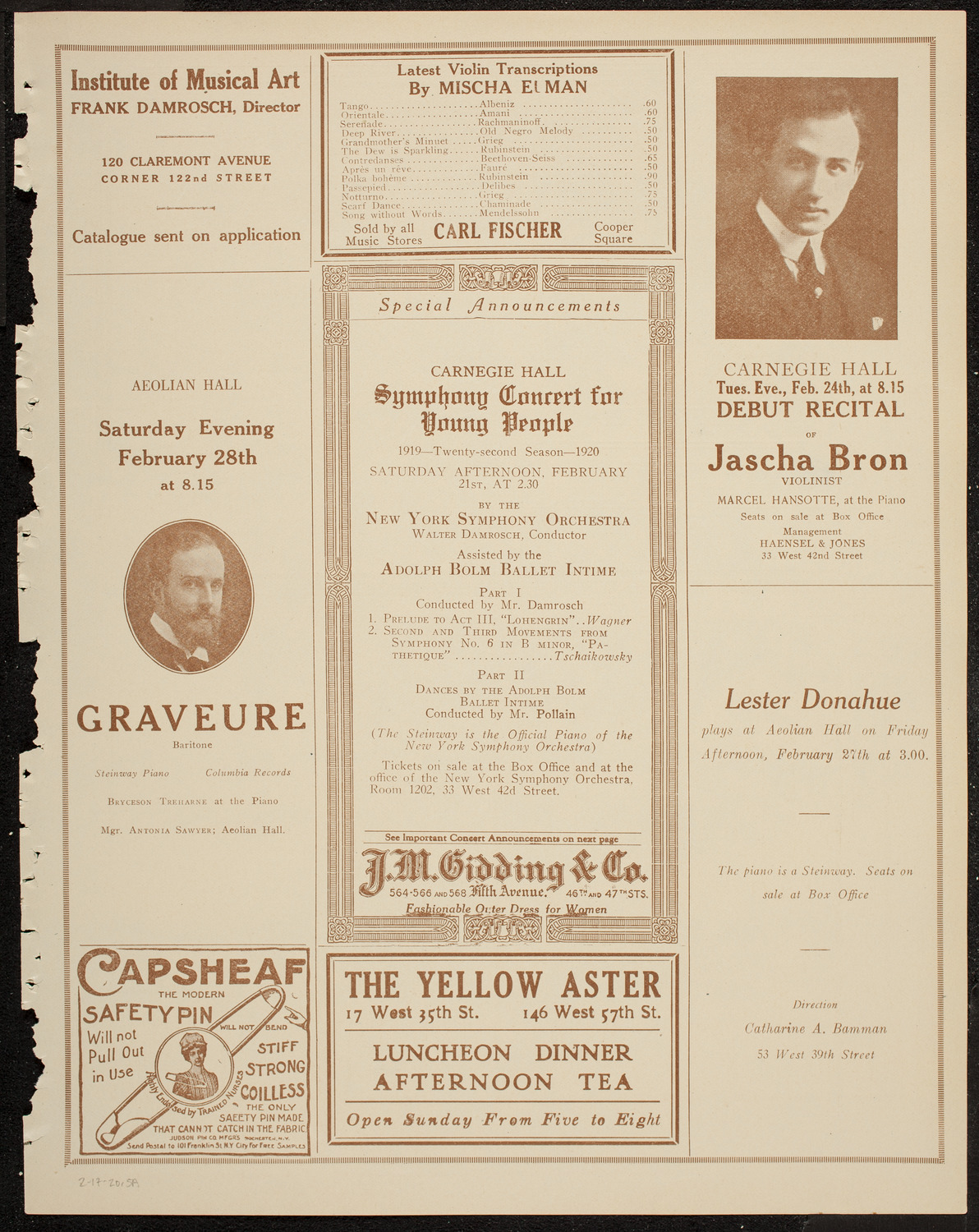 Alfred Cortot, Piano, with the New York Symphony Orchestra, February 17, 1920, program page 9