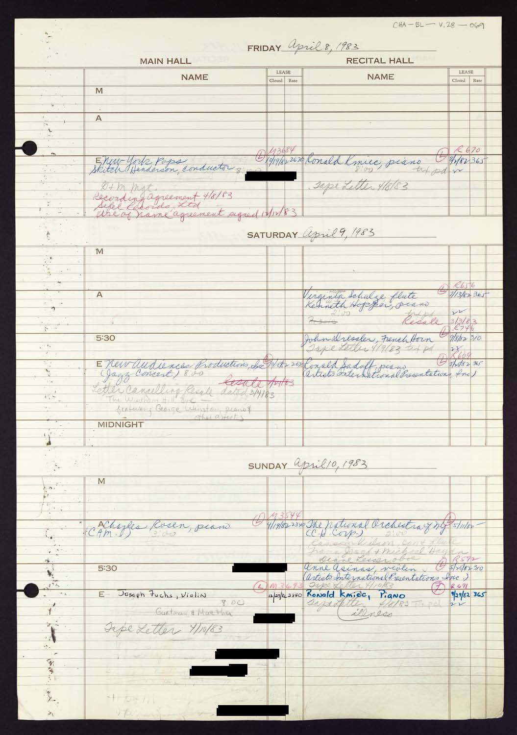 Carnegie Hall Booking Ledger, volume 28, page 69