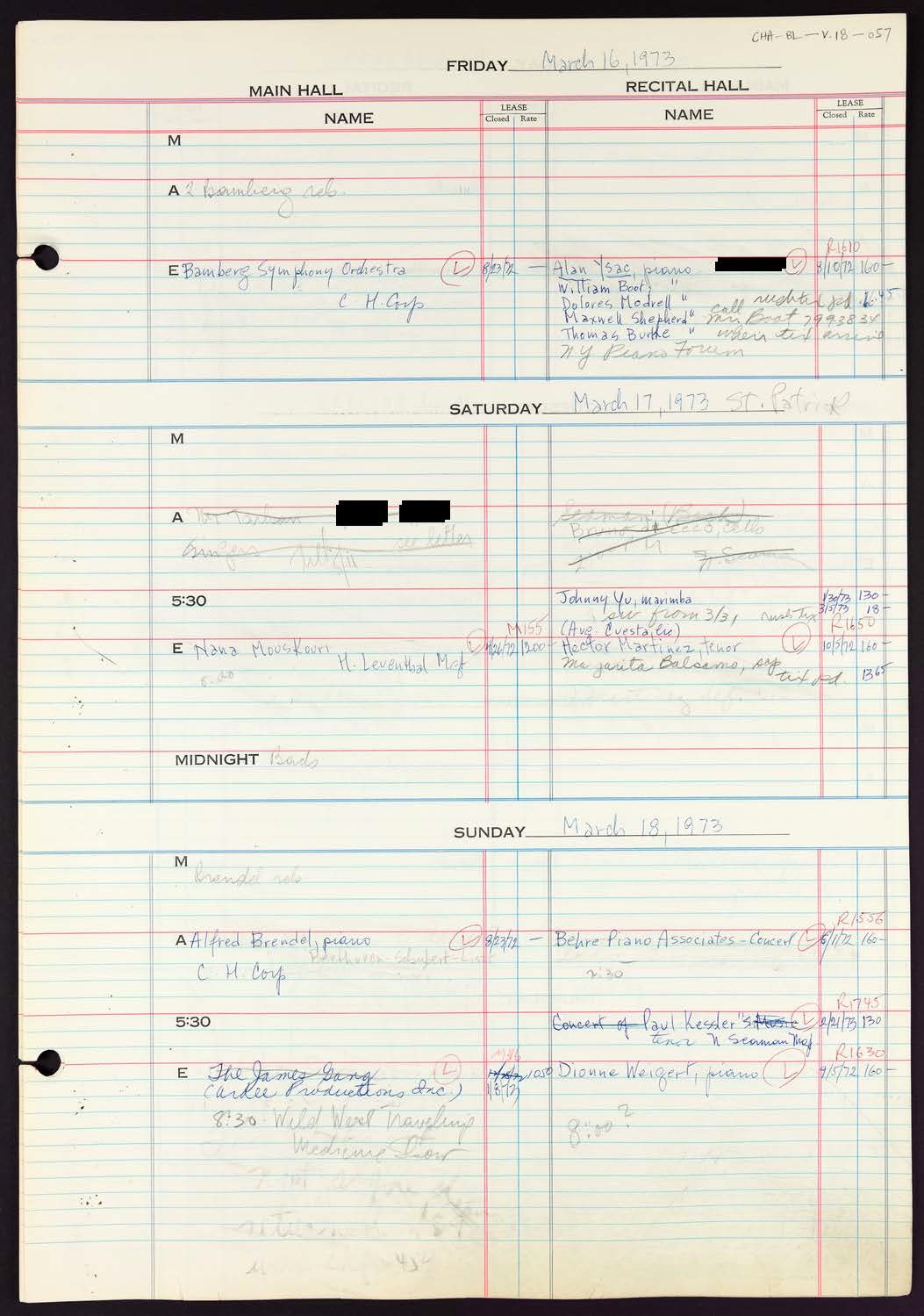 Carnegie Hall Booking Ledger, volume 18, page 57