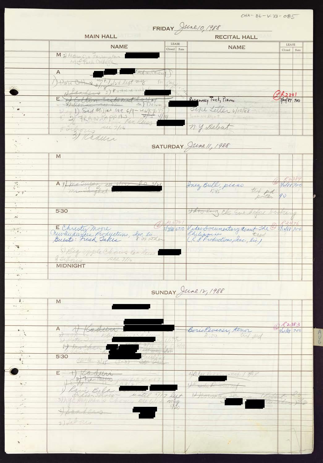 Carnegie Hall Booking Ledger, volume 33, page 85